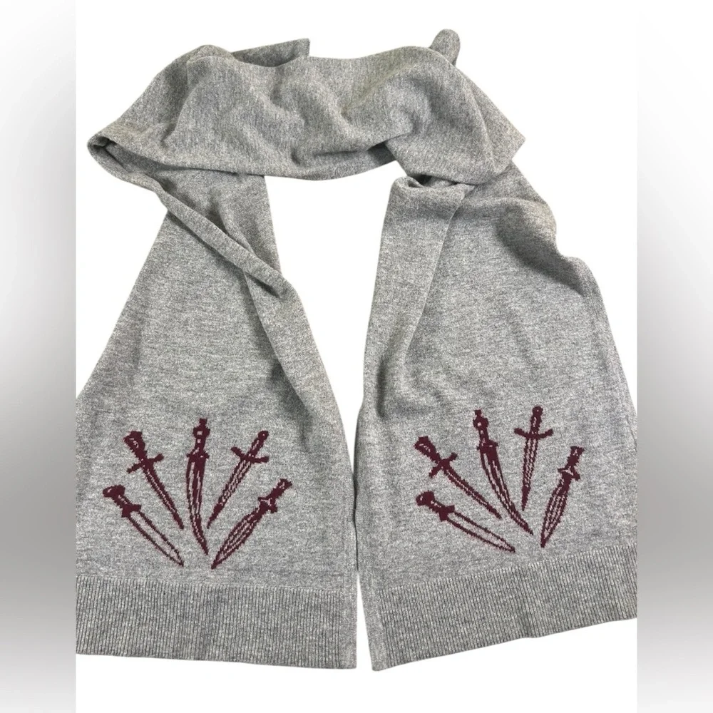 RAG & BONE Gray Burgundy Wool Knit Scarf Dagger Motif‎ Unisex 77”